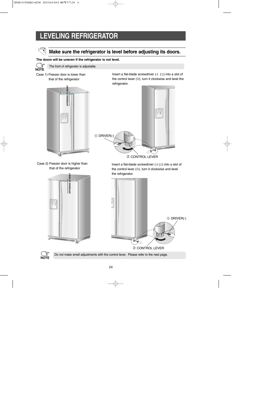Leveling refrigerator | Samsung RS265LABP-XAA User Manual | Page 24 / 32