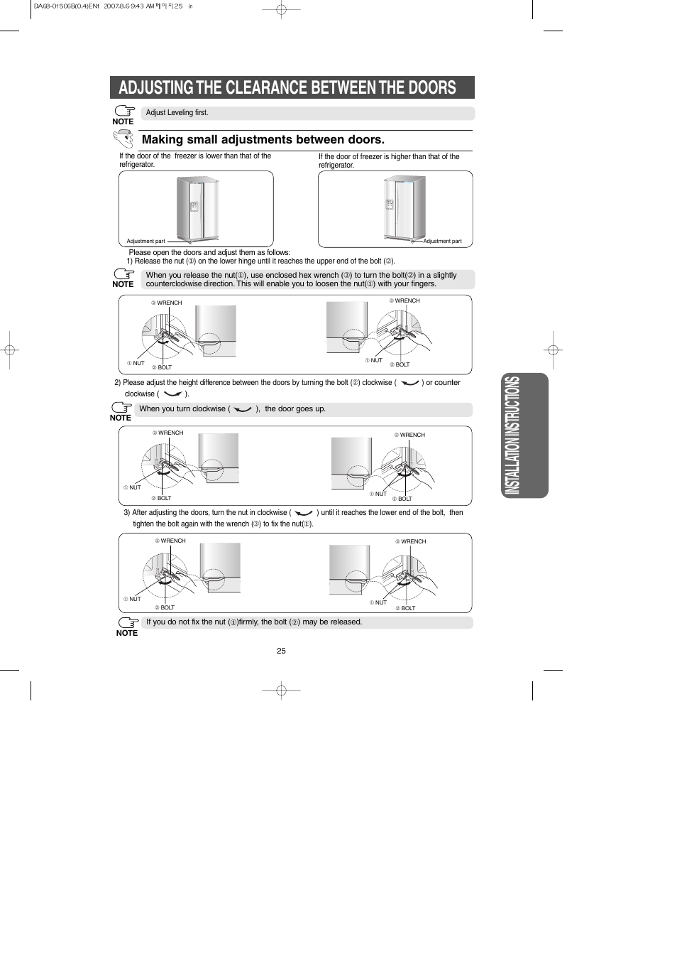 Adjusting the clearance between the doors, Inst alla tion instr uctions, Making small adjustments between doors | Samsung RS265LABP-XAA User Manual | Page 25 / 32
