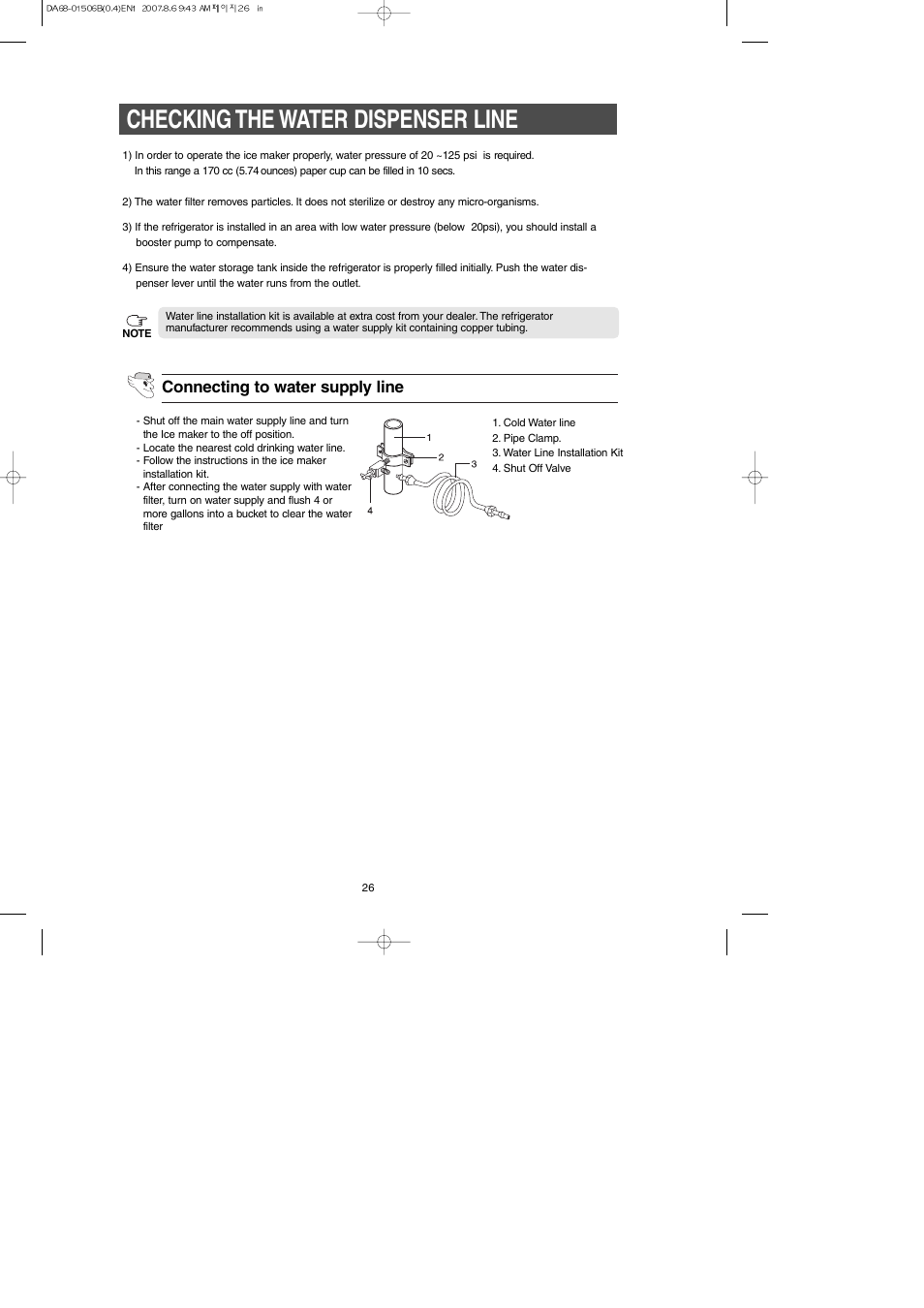 Checking the water dispenser line, Connecting to water supply line | Samsung RS265LABP-XAA User Manual | Page 26 / 32