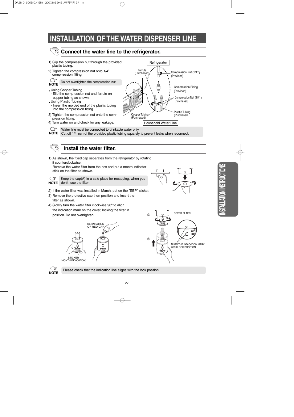 Installation of the water dispenser line, Inst alla tion instr uctions, Install the water filter | Connect the water line to the refrigerator | Samsung RS265LABP-XAA User Manual | Page 27 / 32