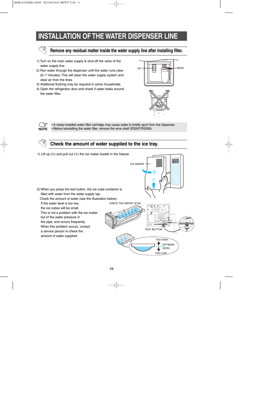 Installation of the water dispenser line | Samsung RS265LABP-XAA User Manual | Page 28 / 32