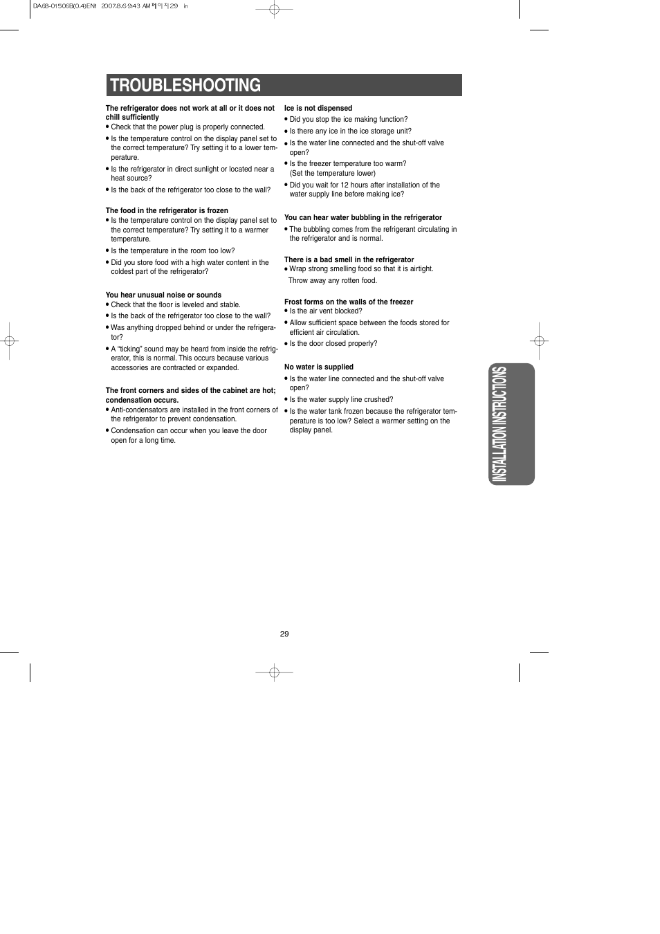 Troubleshooting, Inst alla tion instr uctions | Samsung RS265LABP-XAA User Manual | Page 29 / 32