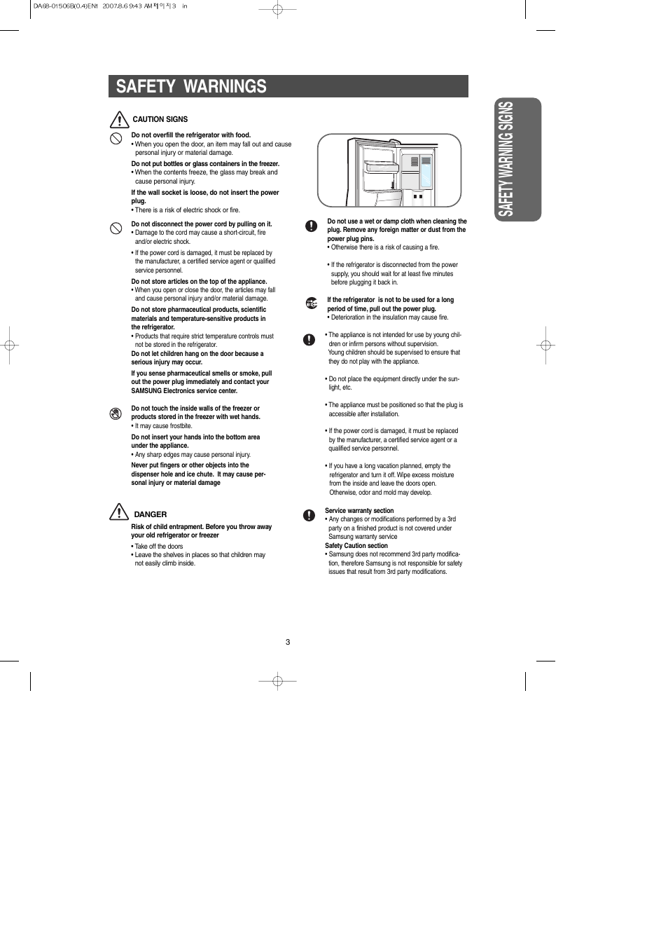 Safety w arning signs, Safety warnings | Samsung RS265LABP-XAA User Manual | Page 3 / 32
