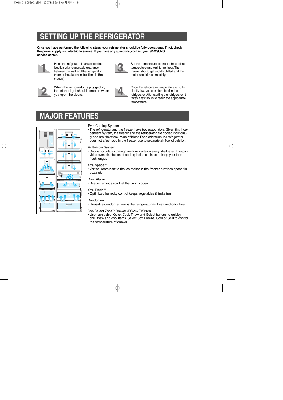 Setting up the refrigerator, Major features | Samsung RS265LABP-XAA User Manual | Page 4 / 32