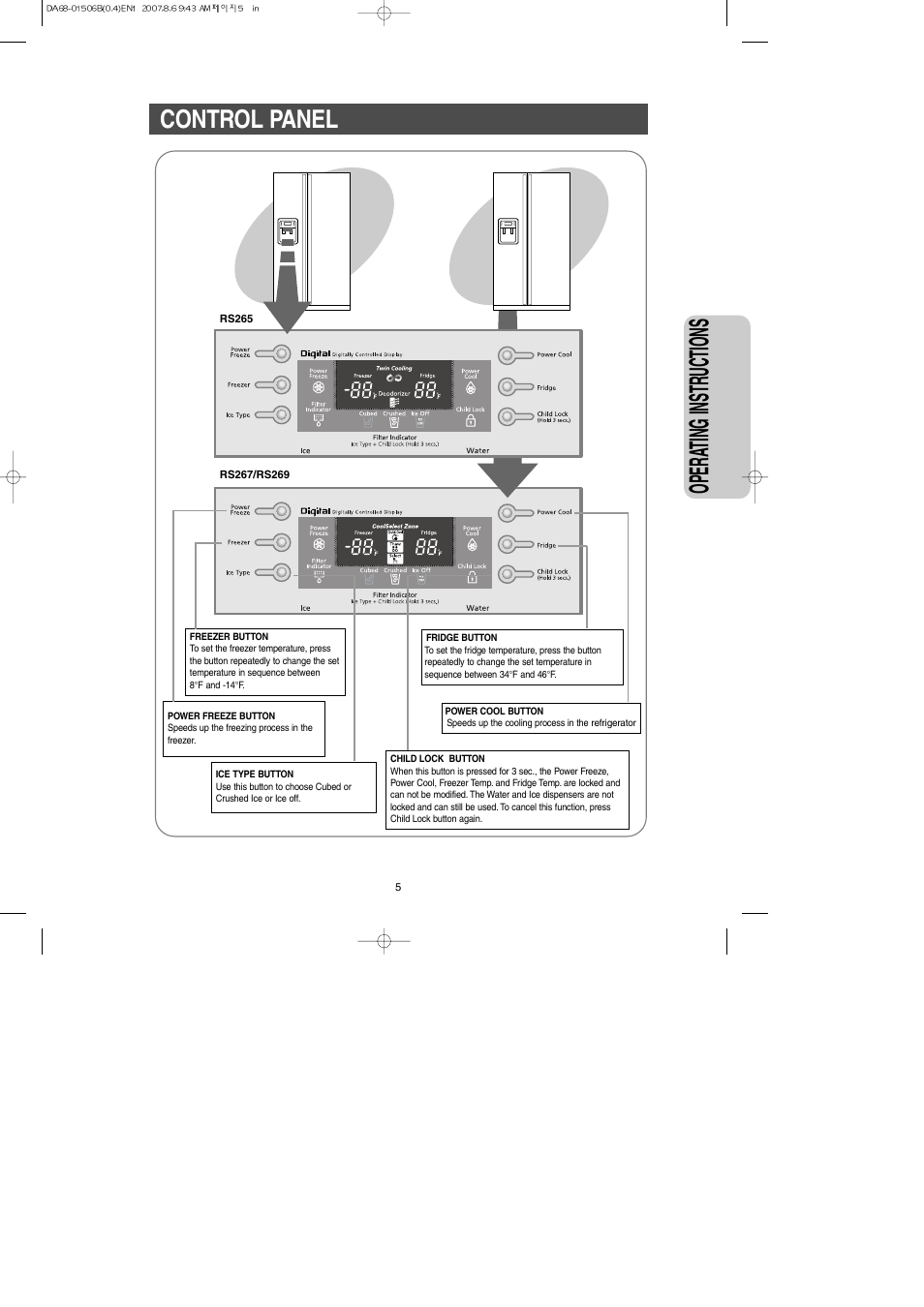 Control panel, Opera ting instr uctions | Samsung RS265LABP-XAA User Manual | Page 5 / 32