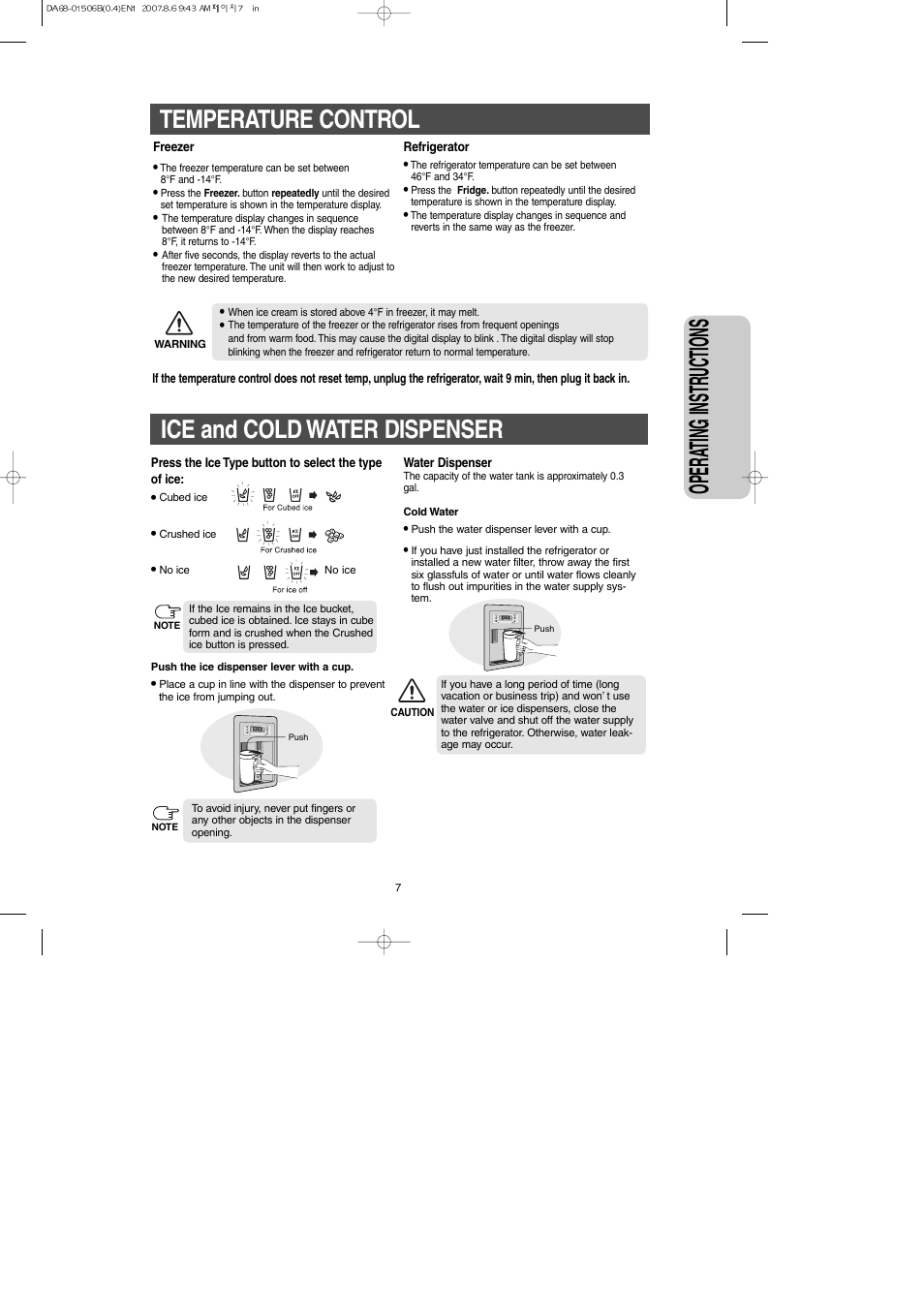 Temperature control, Ice and cold water dispenser, Opera ting instr uctions | Samsung RS265LABP-XAA User Manual | Page 7 / 32