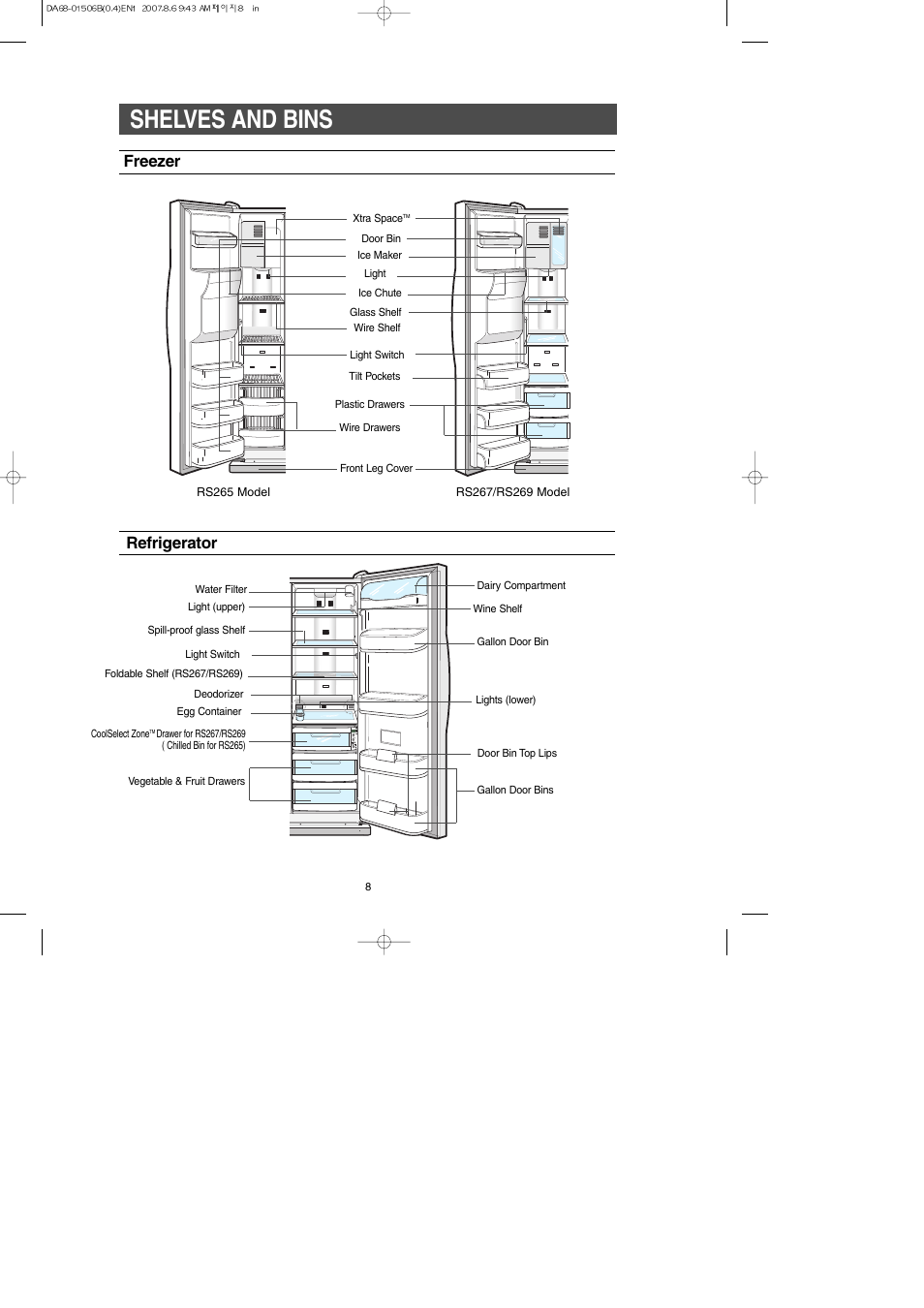 Shelves and bins, Freezer, Refrigerator | Samsung RS265LABP-XAA User Manual | Page 8 / 32