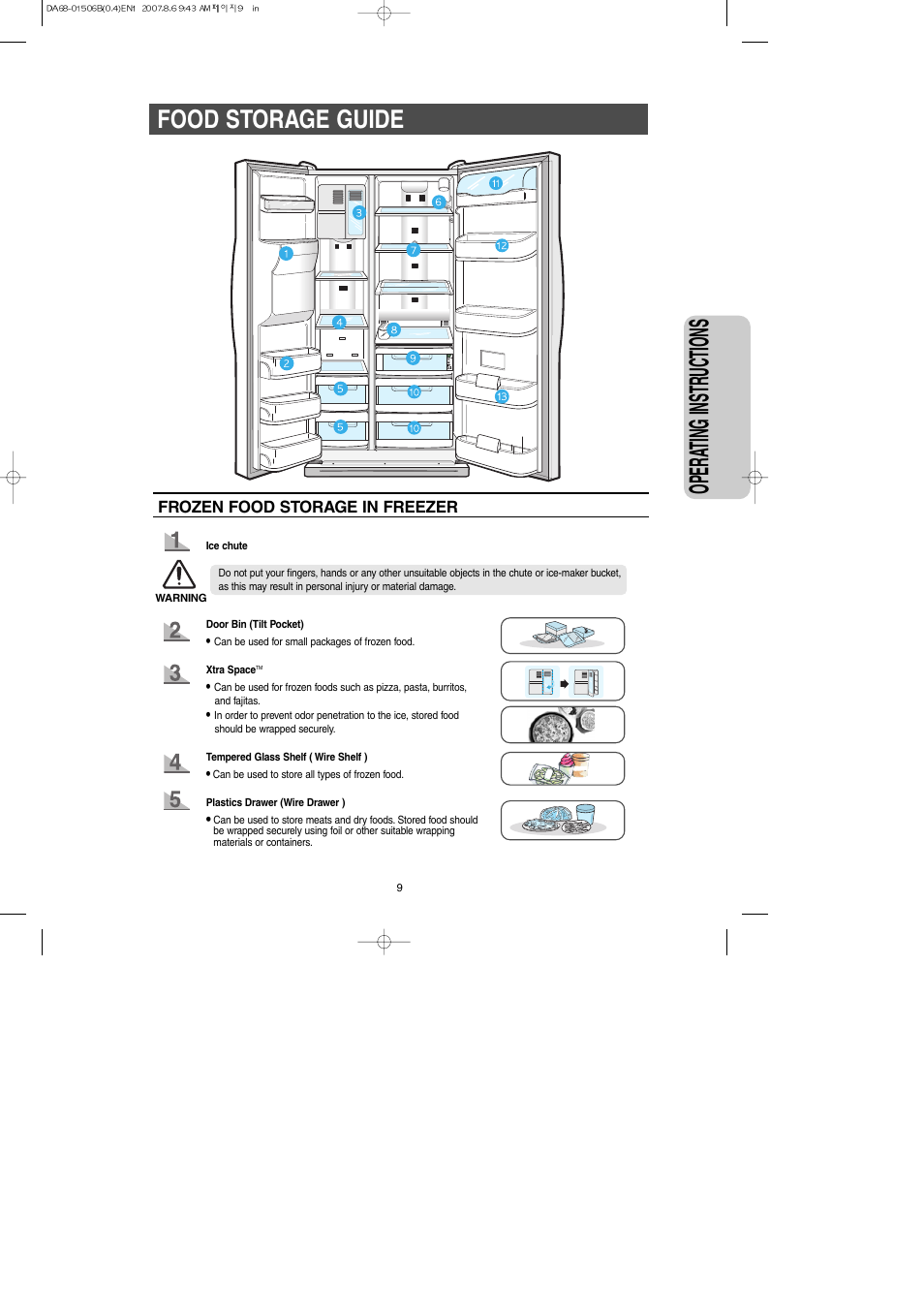 Food storage guide, Opera ting instr uctions | Samsung RS265LABP-XAA User Manual | Page 9 / 32