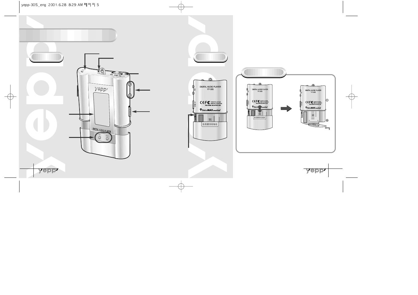 The name of parts, Front, Back | Inserting a battery | Samsung YP-30SH User Manual | Page 4 / 30