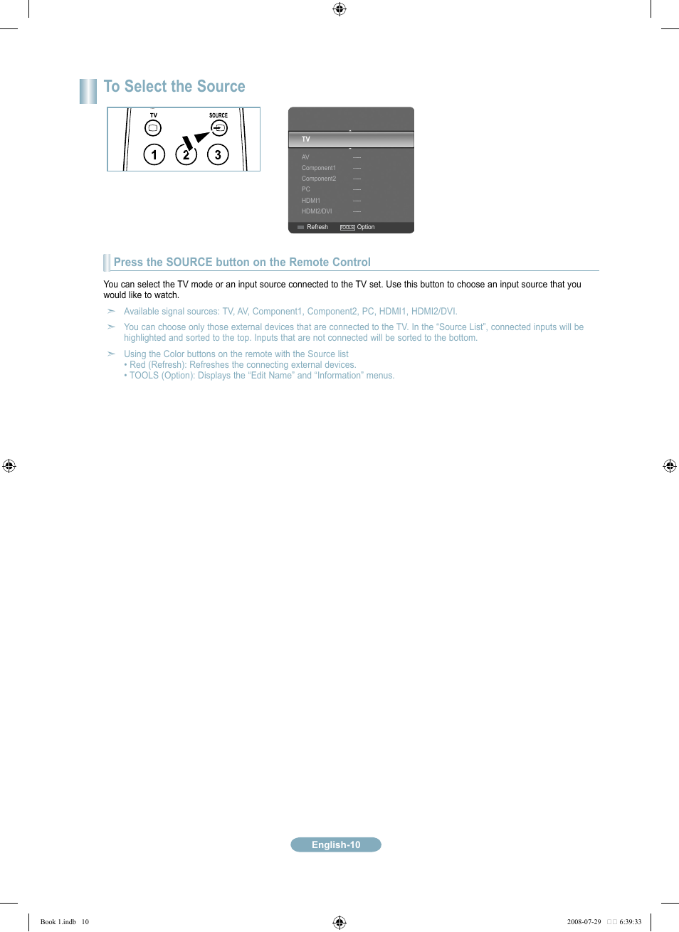 Press the source button on the remote control | Samsung LN46A500T1FXZA User Manual | Page 10 / 37
