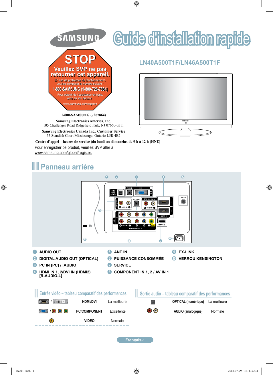 Guide d'installation rapide, Stop, Panneau arrière | Veuillez svp ne pas retourner cet appareil | Samsung LN46A500T1FXZA User Manual | Page 13 / 37