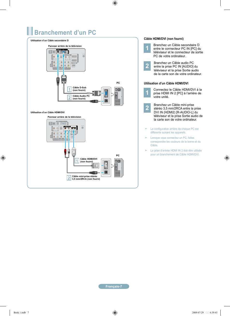 Branchement d’un pc | Samsung LN46A500T1FXZA User Manual | Page 19 / 37