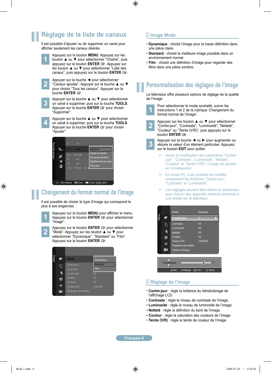 Réglage de la liste de canaux, Changement du format normal de l’image, Personnalisation des réglages de l’image | Image mode, Réglage de l’image | Samsung LN46A500T1FXZA User Manual | Page 21 / 37