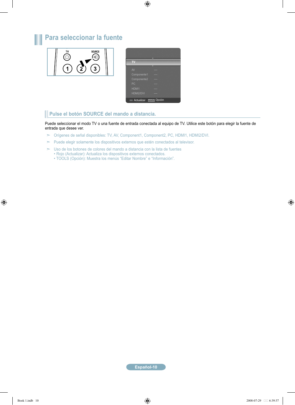 Para seleccionar la fuente, Pulse el botón source del mando a distancia | Samsung LN46A500T1FXZA User Manual | Page 34 / 37