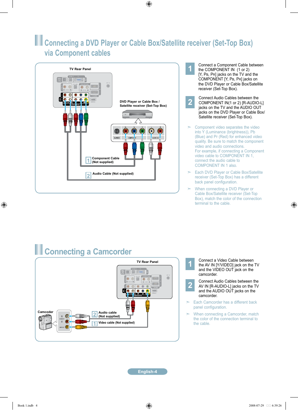 Connecting a camcorder | Samsung LN46A500T1FXZA User Manual | Page 4 / 37