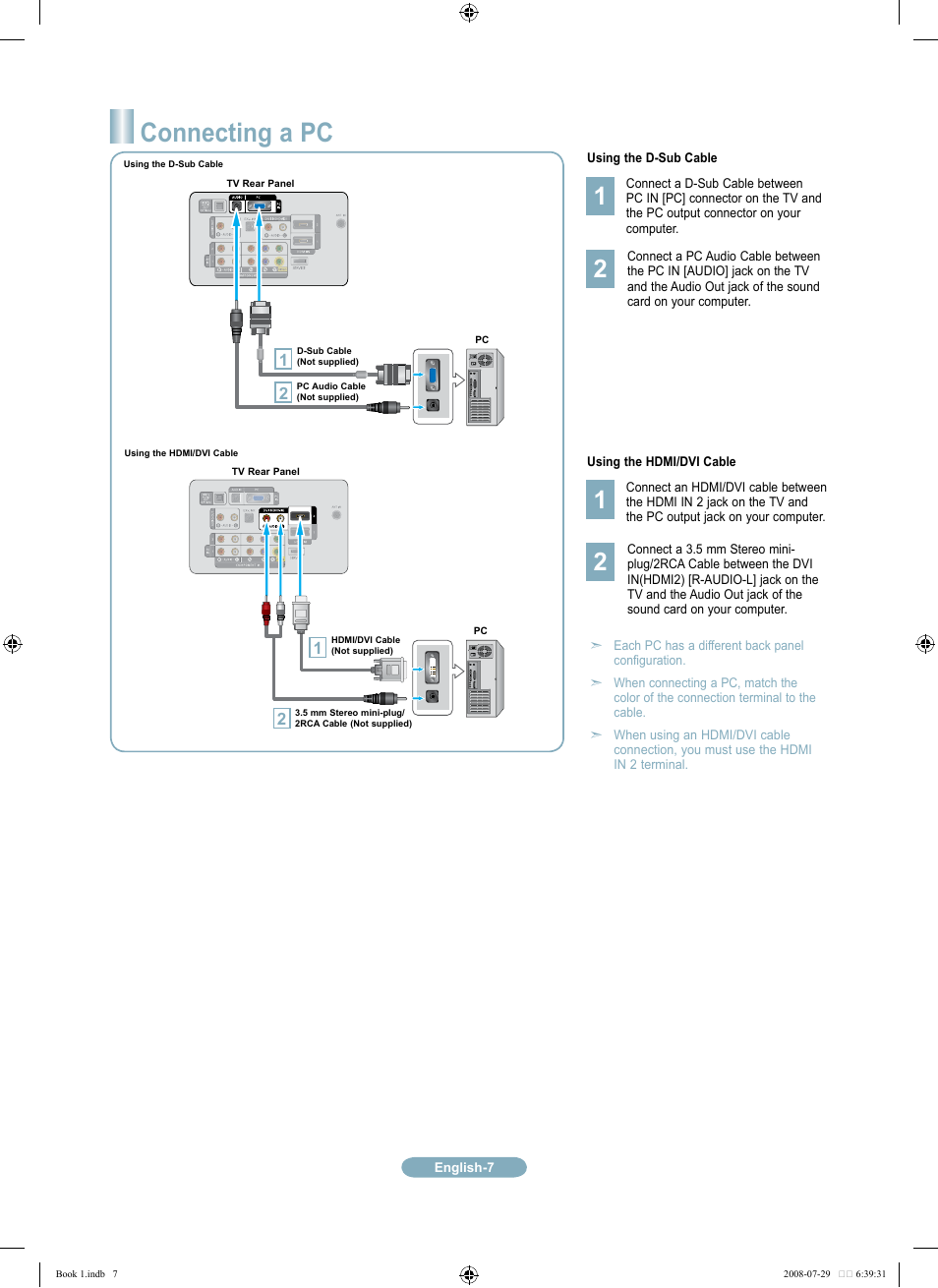Connecting a pc | Samsung LN46A500T1FXZA User Manual | Page 7 / 37