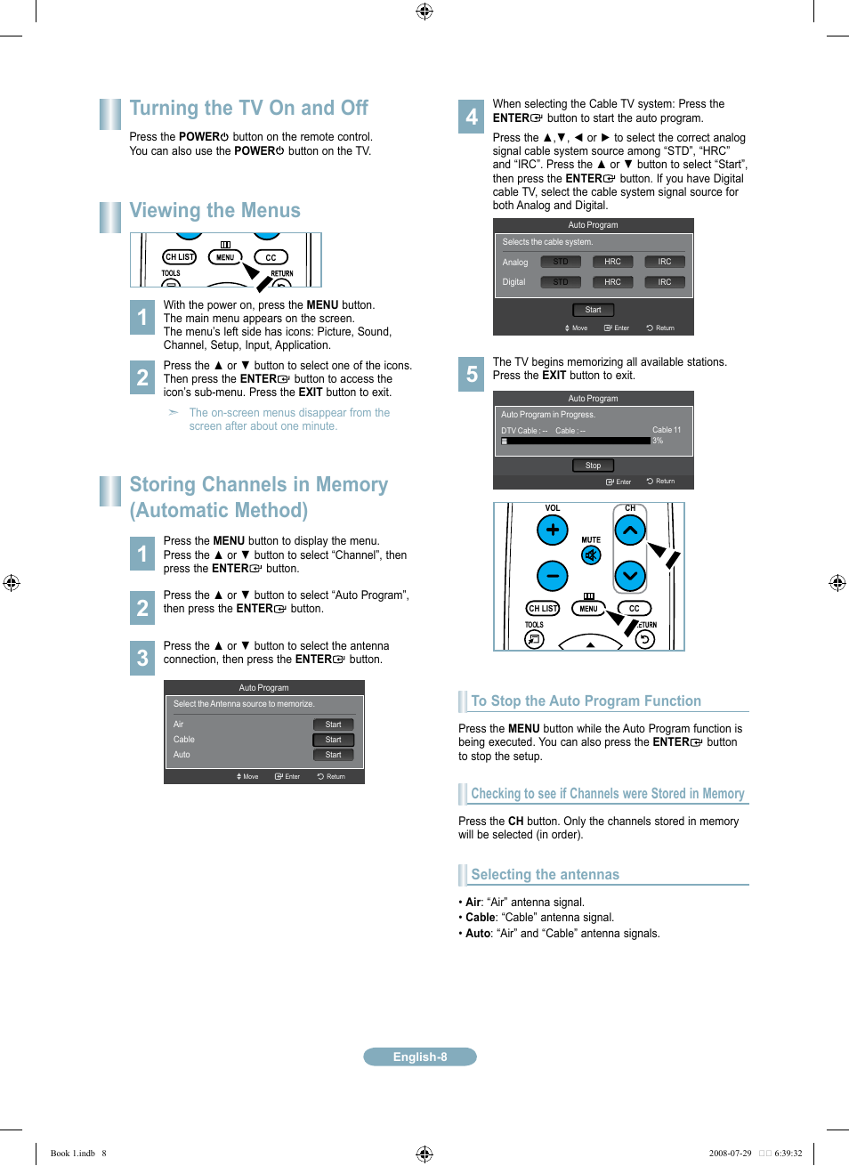 Turning the tv on and off, Viewing the menus, Selecting the antennas | Samsung LN46A500T1FXZA User Manual | Page 8 / 37