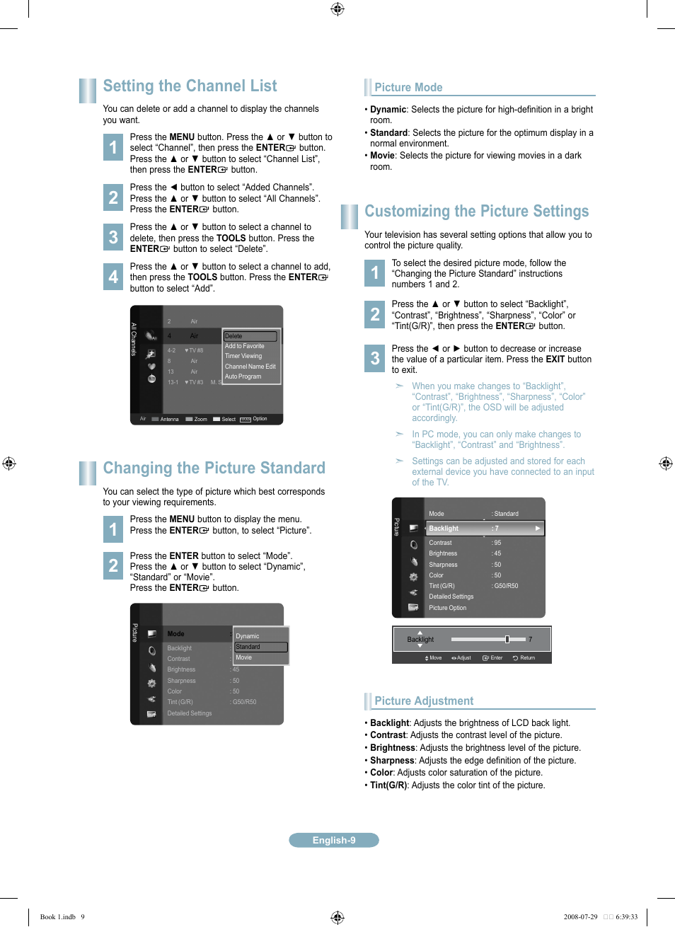 Setting the channel list, Changing the picture standard, Customizing the picture settings | Picture mode, Picture adjustment | Samsung LN46A500T1FXZA User Manual | Page 9 / 37