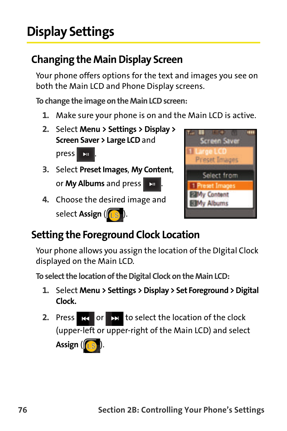 Display settings, Changing the main display screen, Setting the foreground clock location | Samsung SPH-M620ZKASPR User Manual | Page 102 / 340