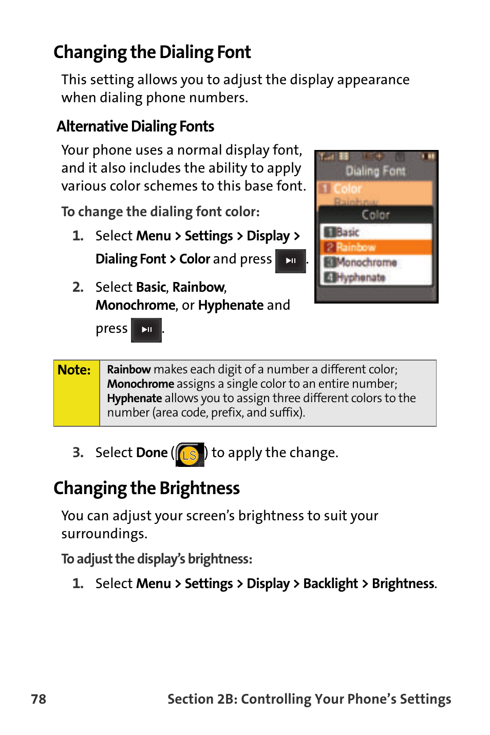 Changing the dialing font, Alternative dialing fonts, Changing the brightness | Samsung SPH-M620ZKASPR User Manual | Page 104 / 340
