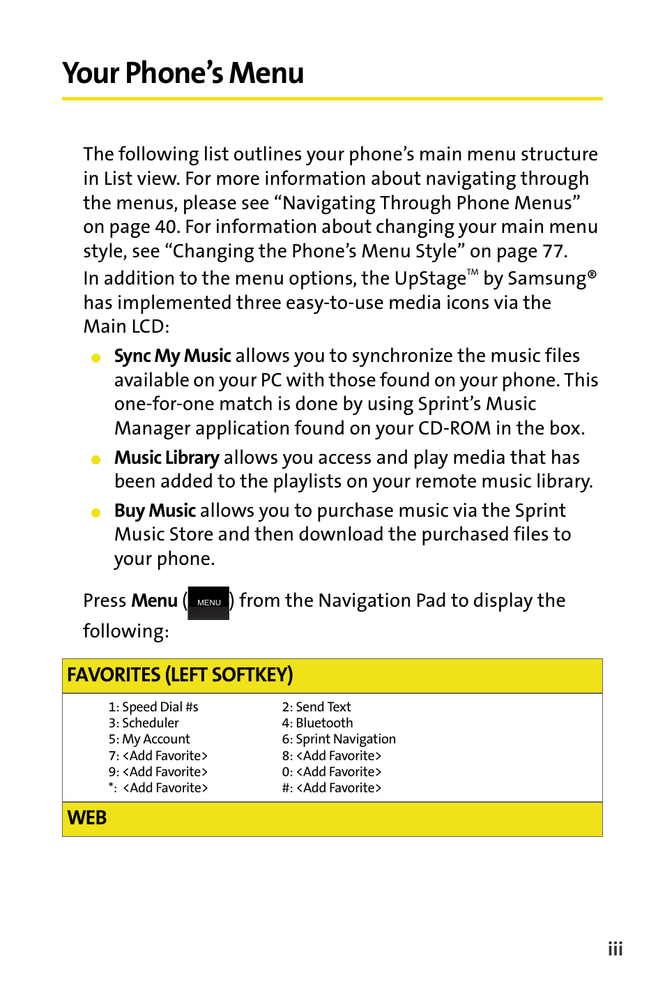 Your phone’s menu, Favorites (left softkey) | Samsung SPH-M620ZKASPR User Manual | Page 11 / 340