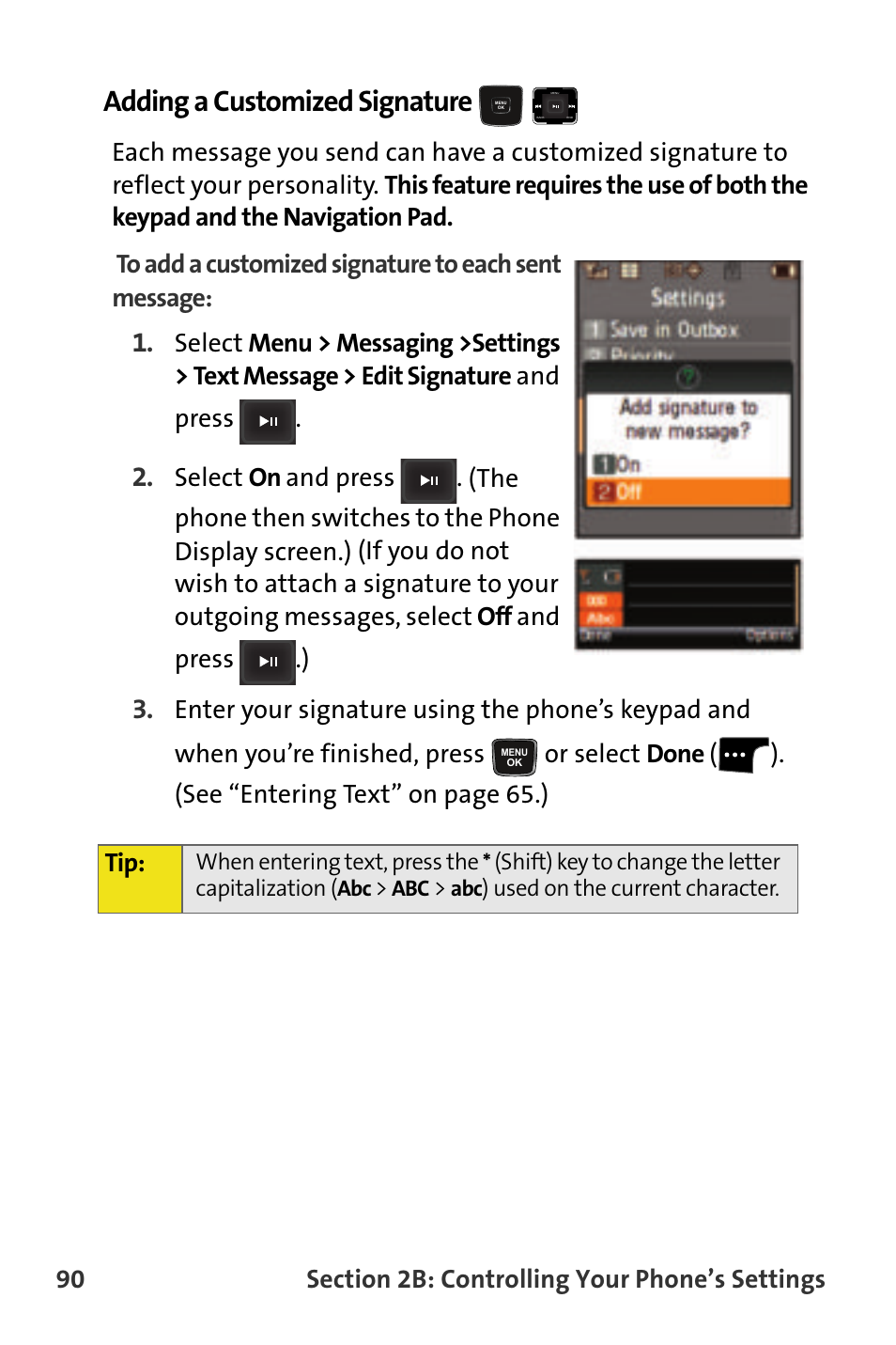 Adding a customized signature | Samsung SPH-M620ZKASPR User Manual | Page 116 / 340