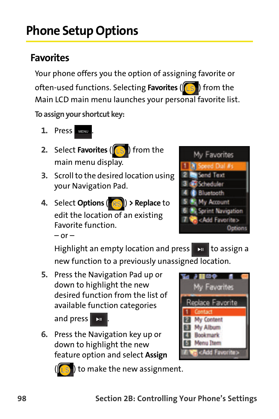 Phone setup options, Favorites | Samsung SPH-M620ZKASPR User Manual | Page 124 / 340