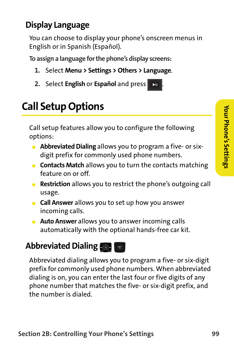 Display language, Call setup options, Abbreviated dialing | Select menu > settings > others > language, Select english or español and press | Samsung SPH-M620ZKASPR User Manual | Page 125 / 340