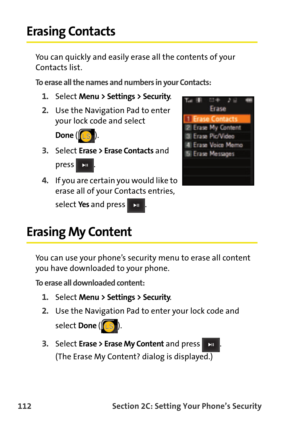 Erasing contacts, Erasing my content | Samsung SPH-M620ZKASPR User Manual | Page 138 / 340