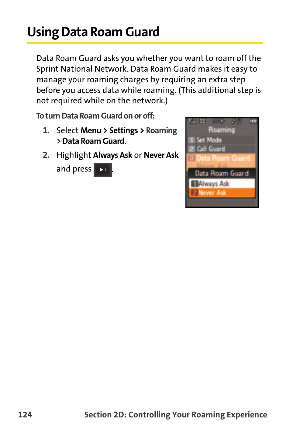 Using data roam guard | Samsung SPH-M620ZKASPR User Manual | Page 150 / 340