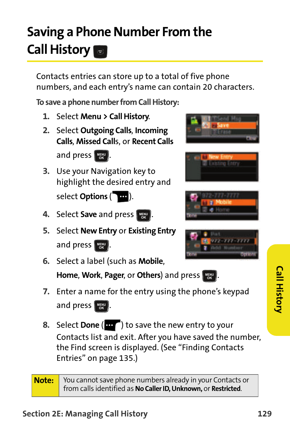 Saving a phone number from the call history, Ca ll histor y | Samsung SPH-M620ZKASPR User Manual | Page 155 / 340