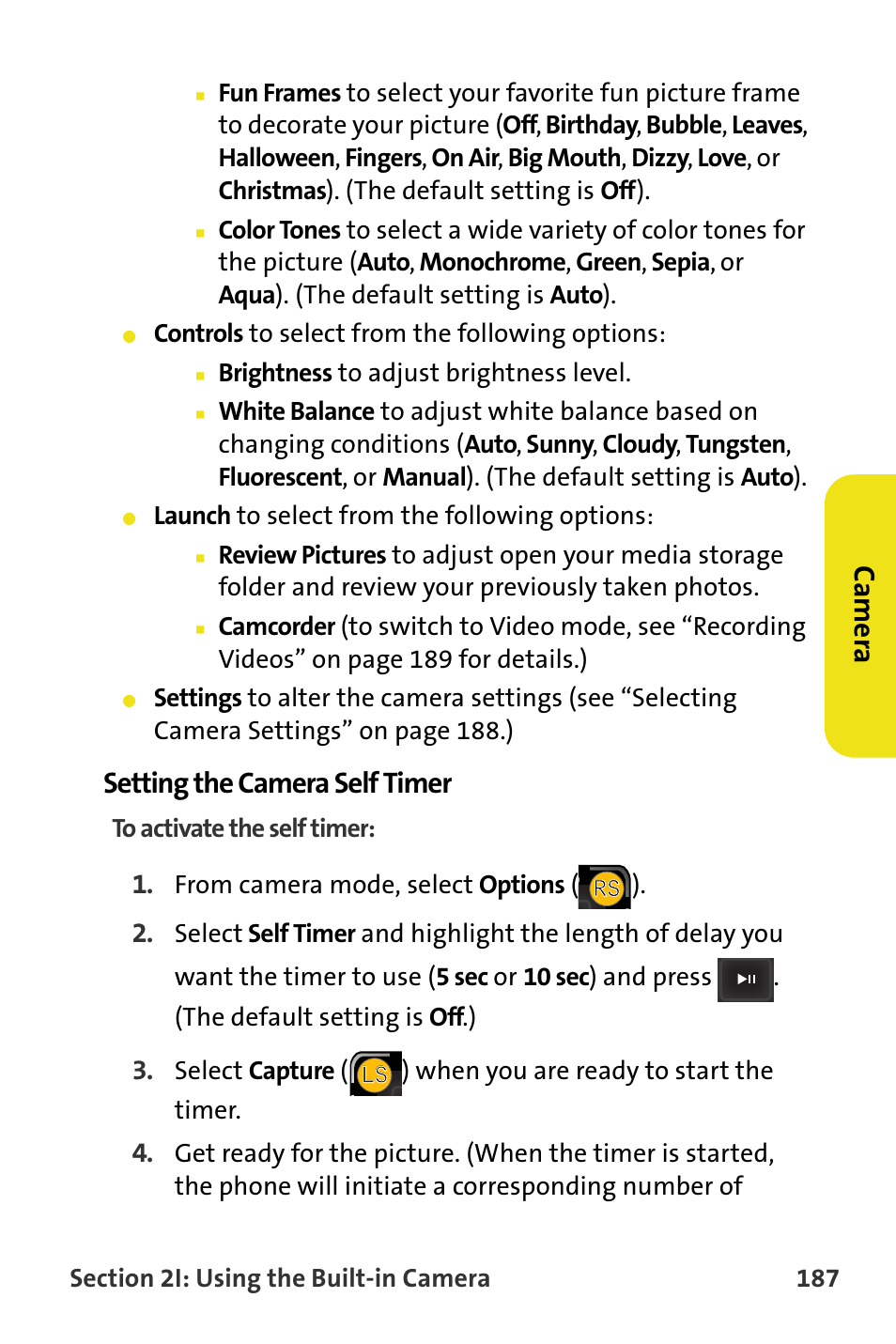 Setting the camera self timer, Ca m e ra | Samsung SPH-M620ZKASPR User Manual | Page 213 / 340