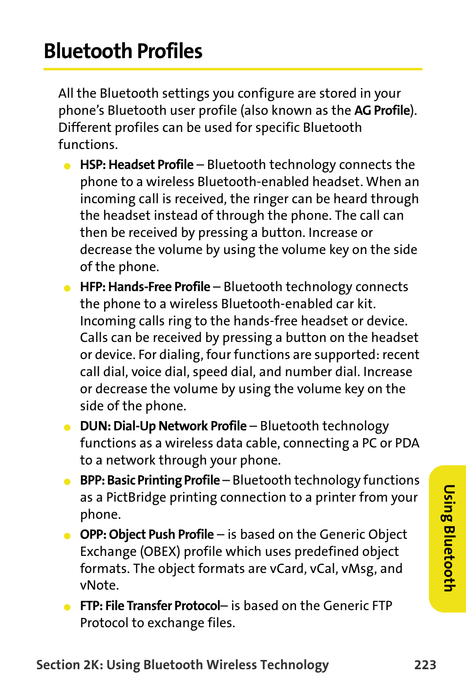 Bluetooth profiles, Usin g b lue to ot h | Samsung SPH-M620ZKASPR User Manual | Page 249 / 340