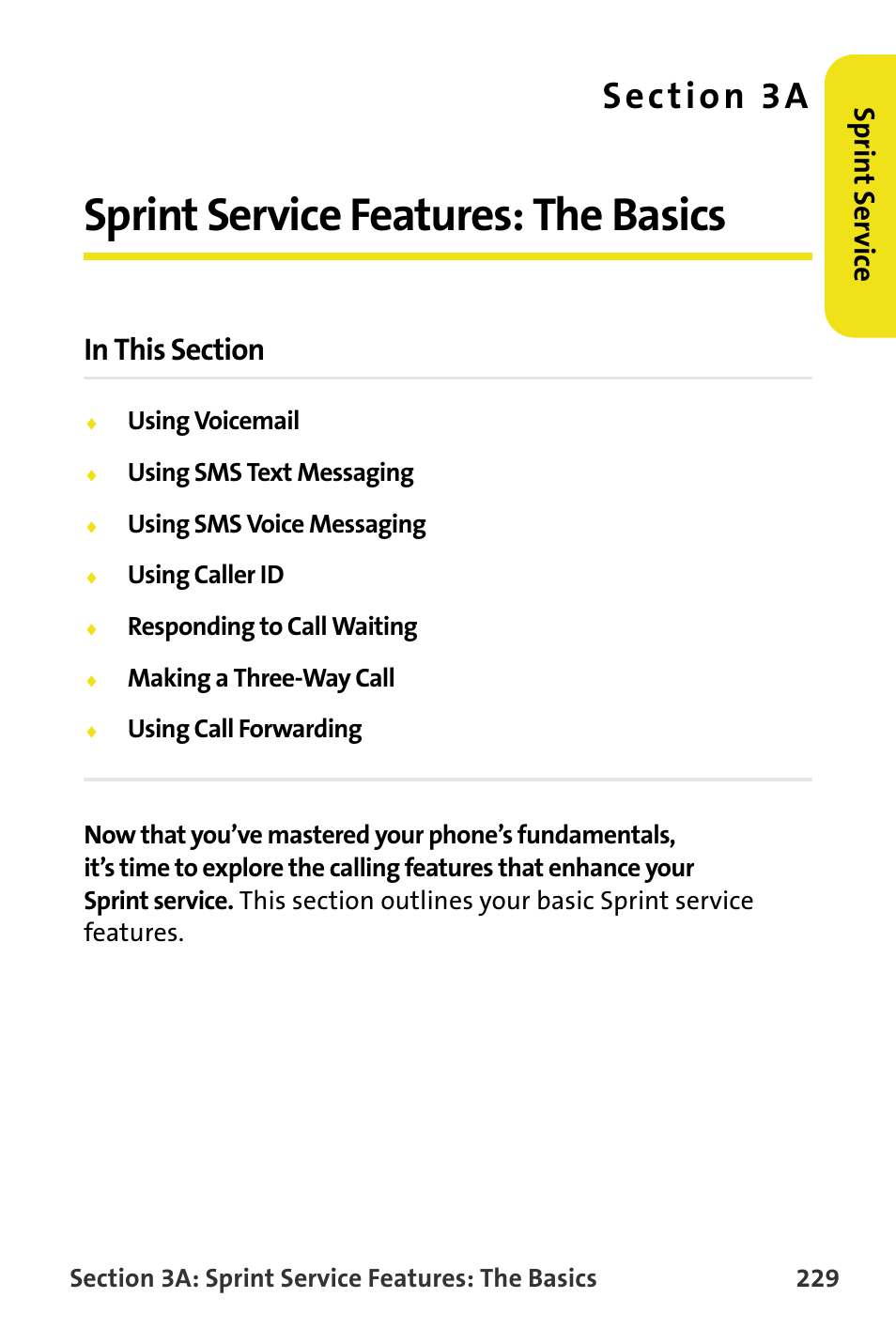 Sprint service features: the basics, 3a. sprint service features: the basics, Sp rint s e rv ice | Samsung SPH-M620ZKASPR User Manual | Page 255 / 340