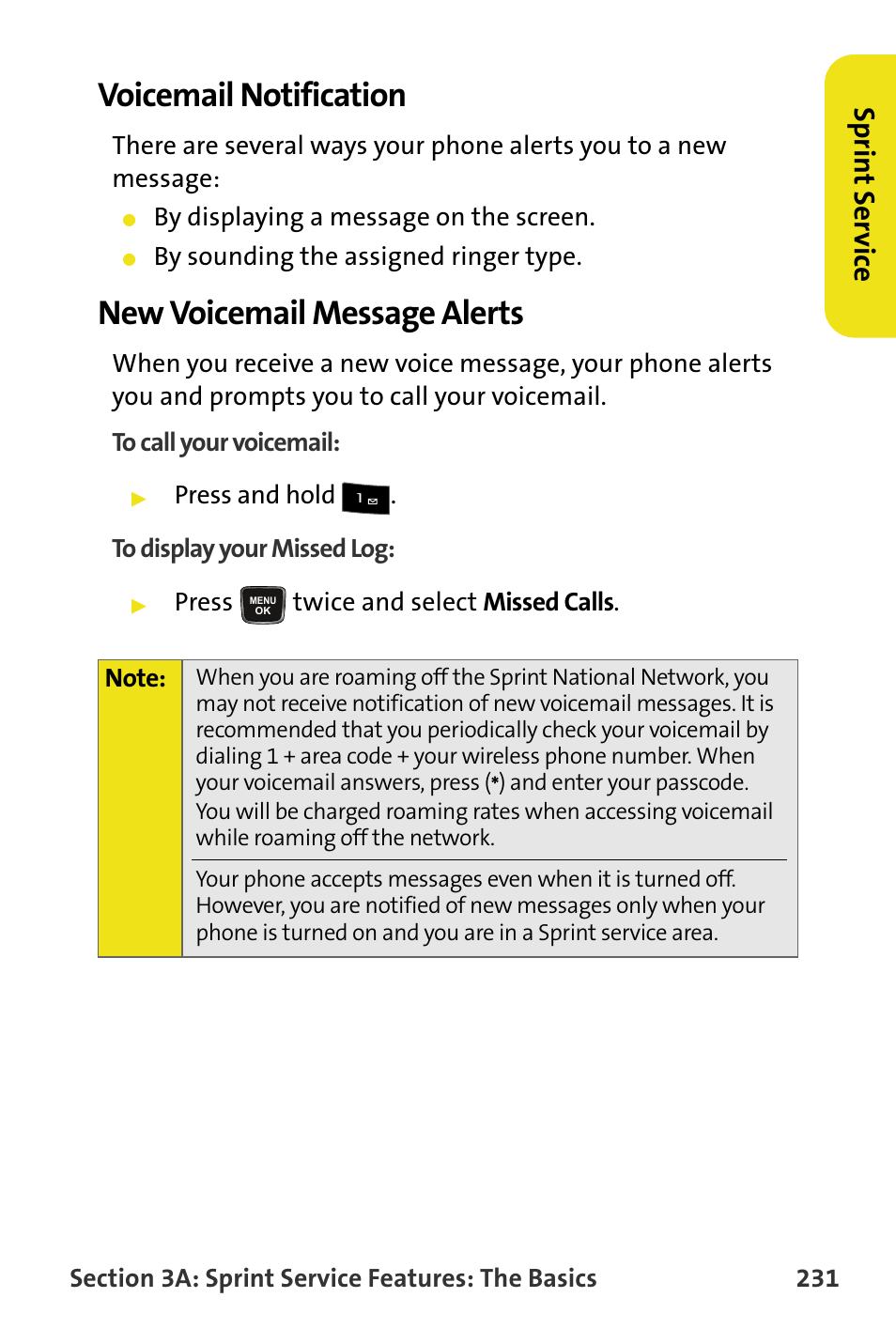 Voicemail notification, New voicemail message alerts, Sp rint s e rv ice | Samsung SPH-M620ZKASPR User Manual | Page 257 / 340