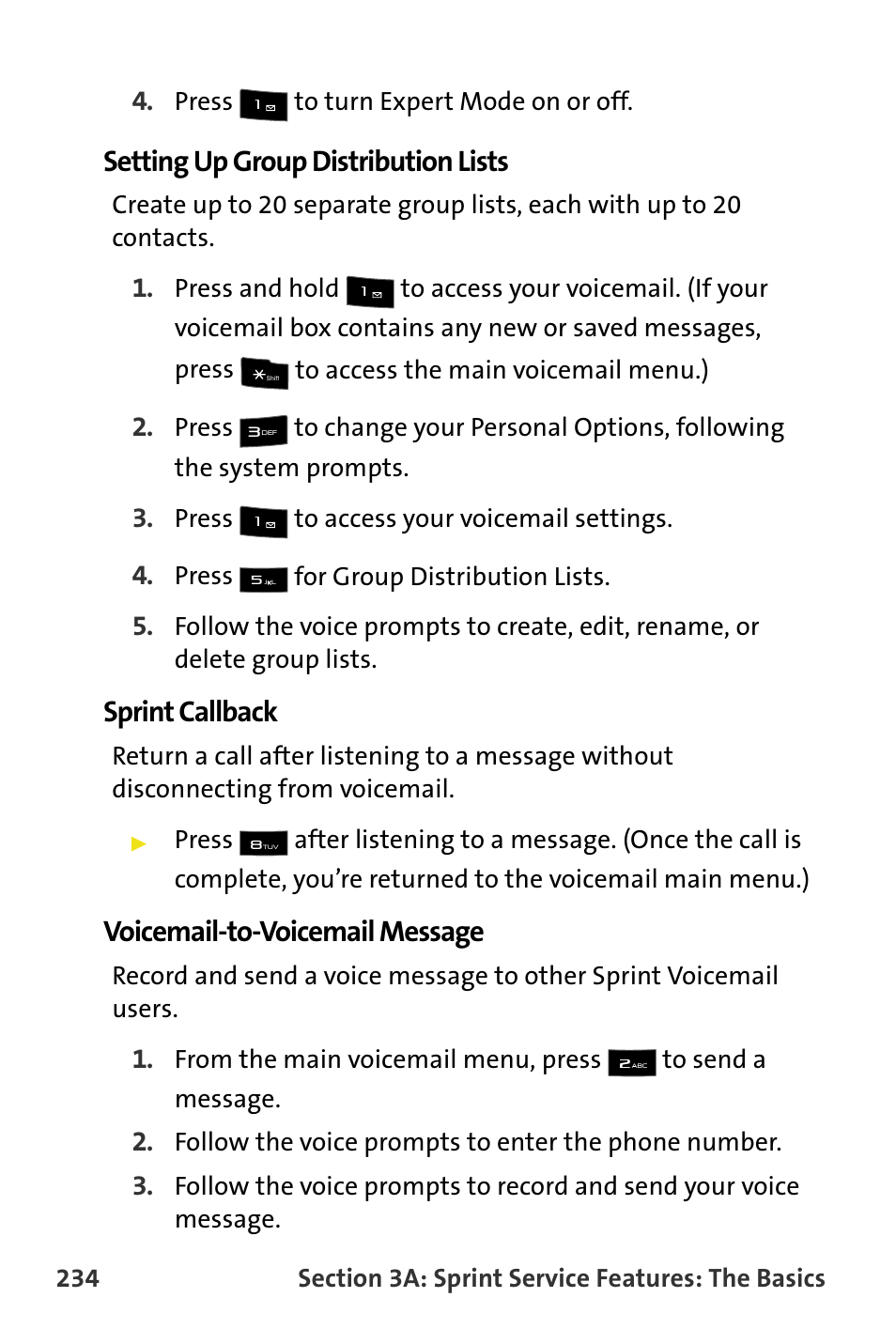 Setting up group distribution lists, Sprint callback, Voicemail-to-voicemail message | Press to turn expert mode on or off, Press to access your voicemail settings, Press for group distribution lists, Follow the voice prompts to enter the phone number | Samsung SPH-M620ZKASPR User Manual | Page 260 / 340