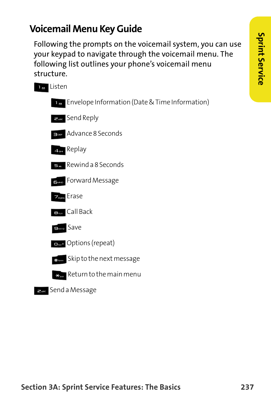 Voicemail menu key guide, Sp rint s e rv ice | Samsung SPH-M620ZKASPR User Manual | Page 263 / 340