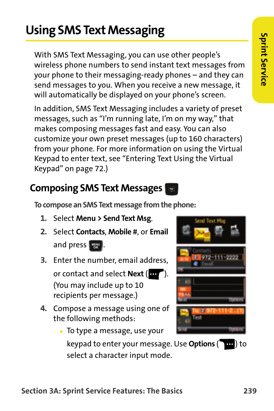 Using sms text messaging, Composing sms text messages, Sp rint s e rv ice | Samsung SPH-M620ZKASPR User Manual | Page 265 / 340