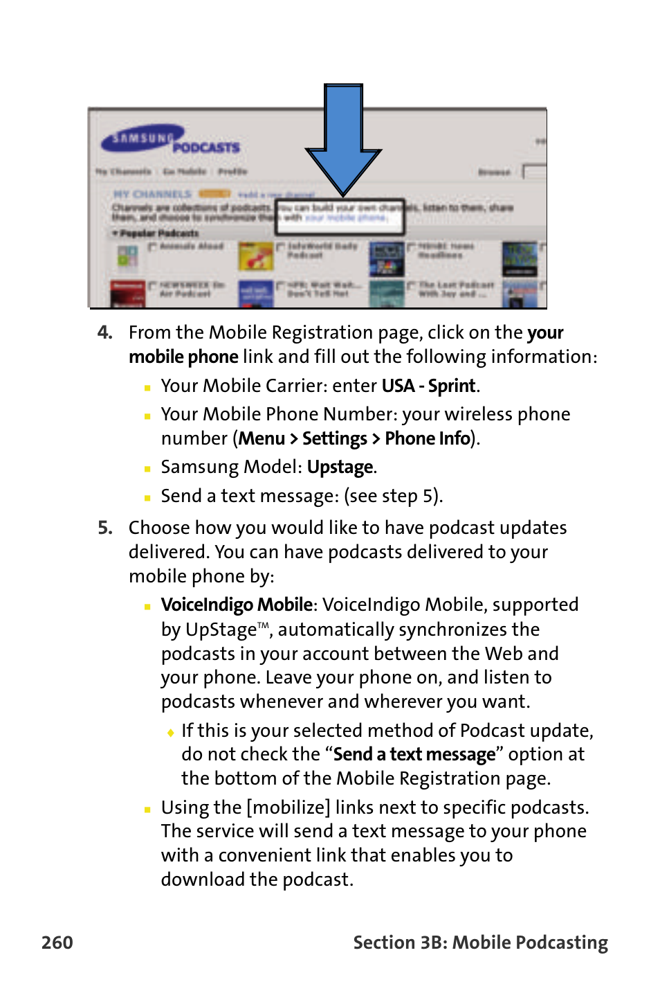 Your mobile carrier: enter usa - sprint, Samsung model: upstage, Send a text message: (see step 5) | Samsung SPH-M620ZKASPR User Manual | Page 286 / 340