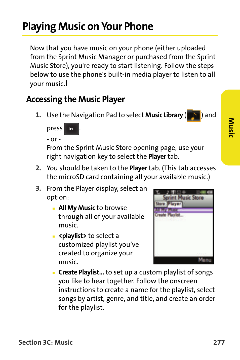 Playing music on your phone, Accessing the music player | Samsung SPH-M620ZKASPR User Manual | Page 303 / 340