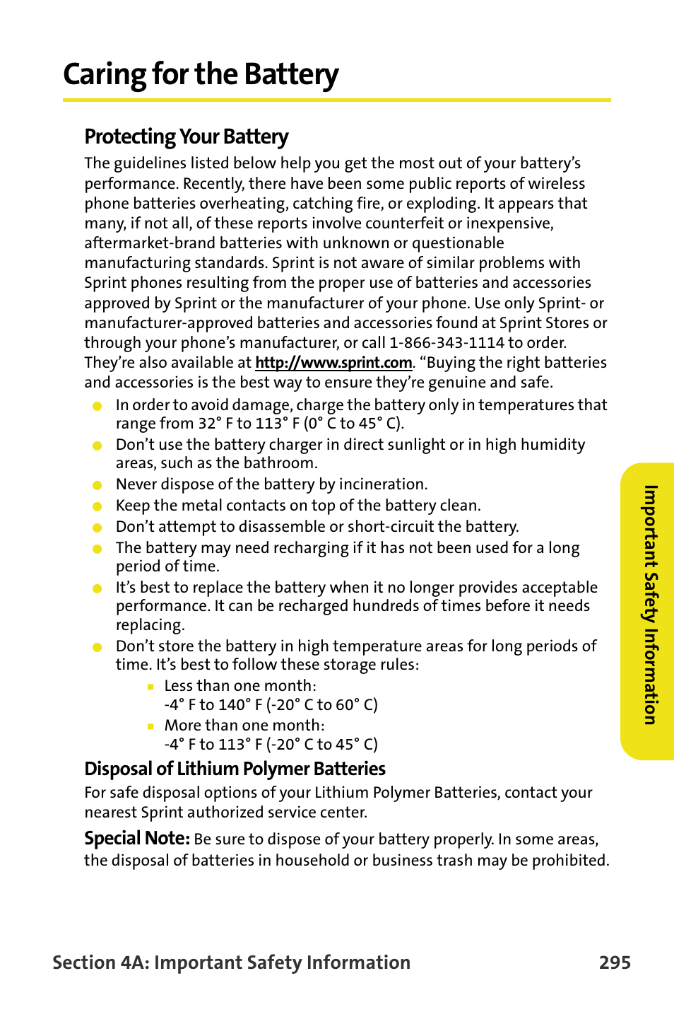 Caring for the battery, Protecting your battery, Disposal of lithium polymer batteries | Samsung SPH-M620ZKASPR User Manual | Page 321 / 340