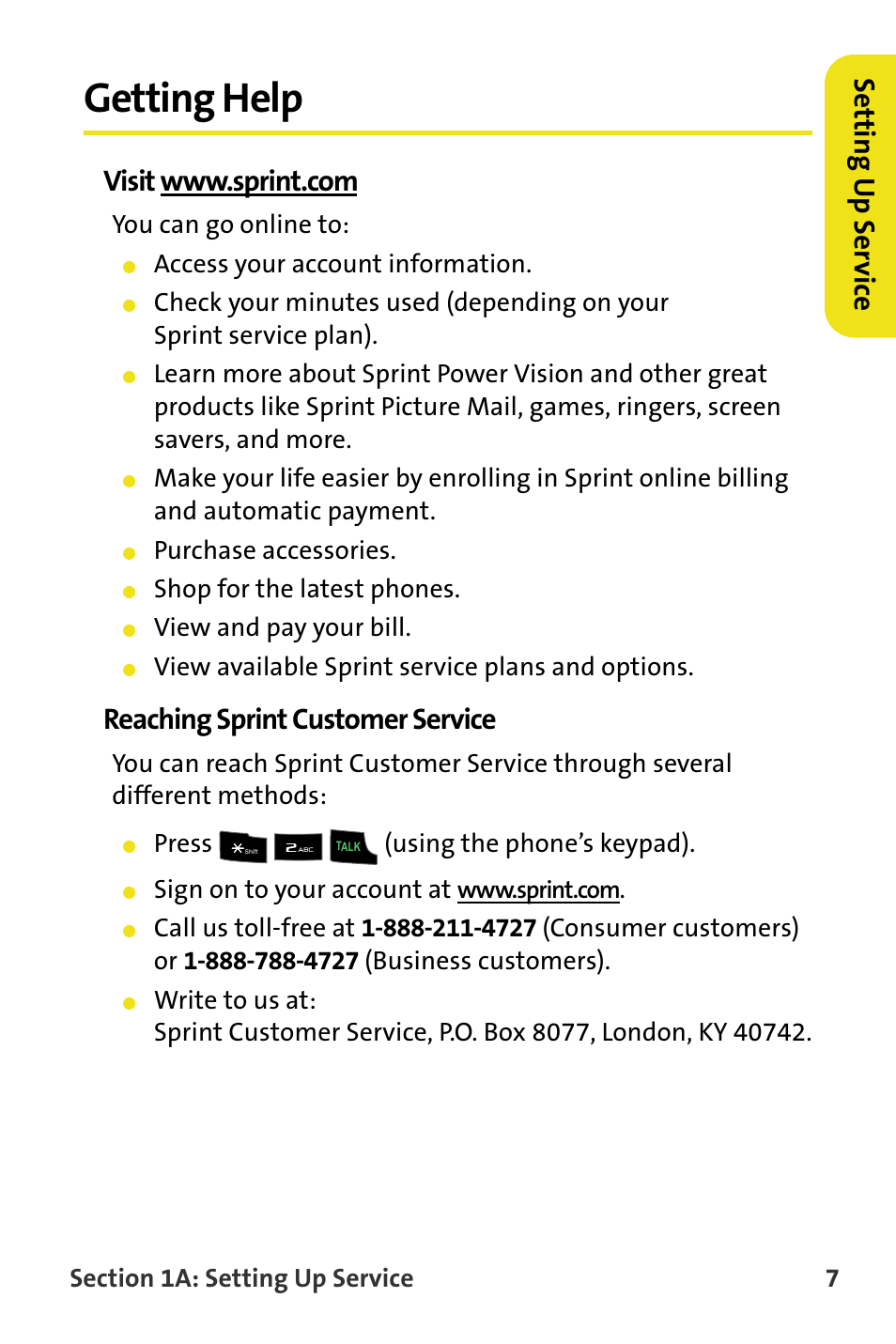 Getting help, Visit www.sprint.com, Reaching sprint customer service | Setting u p ser v ice, You can go online to, Access your account information, Purchase accessories, Shop for the latest phones, View and pay your bill, View available sprint service plans and options | Samsung SPH-M620ZKASPR User Manual | Page 33 / 340