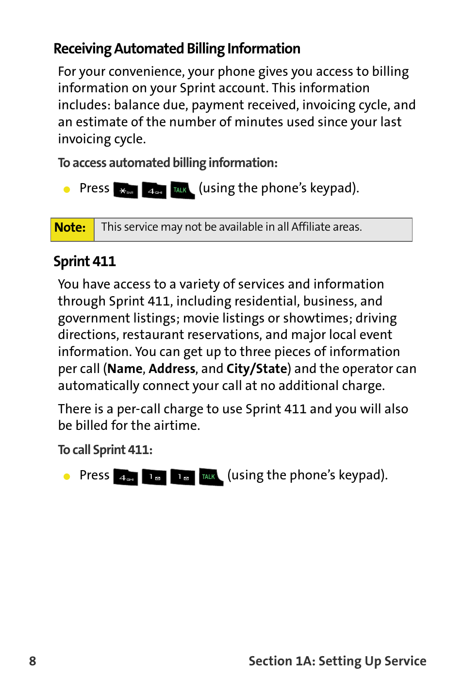 Receiving automated billing information, Sprint 411, Press (using the phone’s keypad) | Samsung SPH-M620ZKASPR User Manual | Page 34 / 340