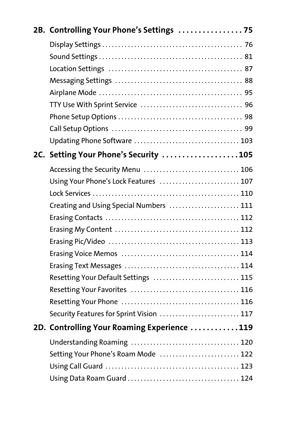 2b. controlling your phone’s settings 75, 2c. setting your phone’s security 105, 2d. controlling your roaming experience 119 | Samsung SPH-M620ZKASPR User Manual | Page 4 / 340
