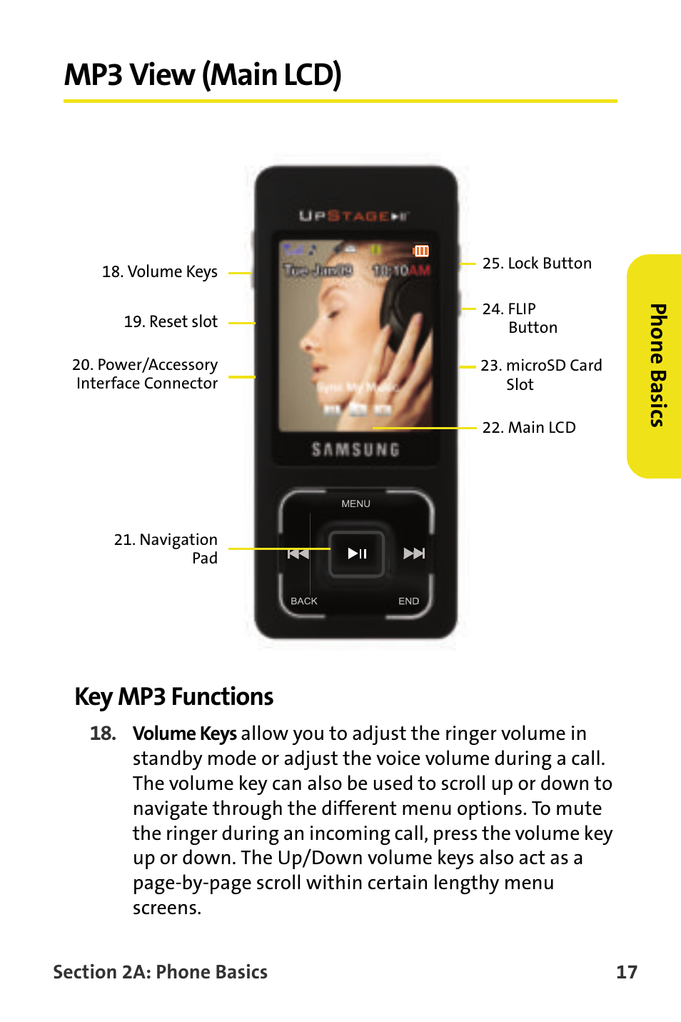 Mp3 view (main lcd), Key mp3 functions, Phone basics | Samsung SPH-M620ZKASPR User Manual | Page 43 / 340