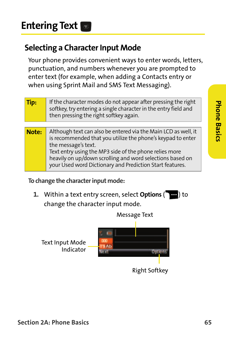 Entering text, Selecting a character input mode, Phone basics | Samsung SPH-M620ZKASPR User Manual | Page 91 / 340