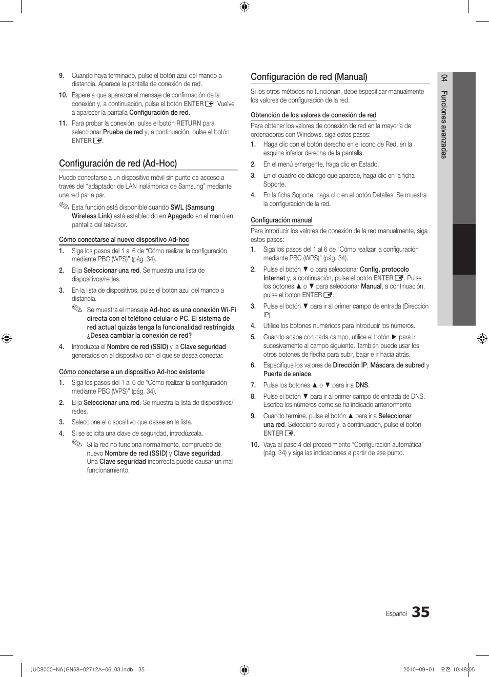 Configuración de red (ad-hoc), Configuración de red (manual) | Samsung UN55C8000XFXZA User Manual | Page 101 / 200