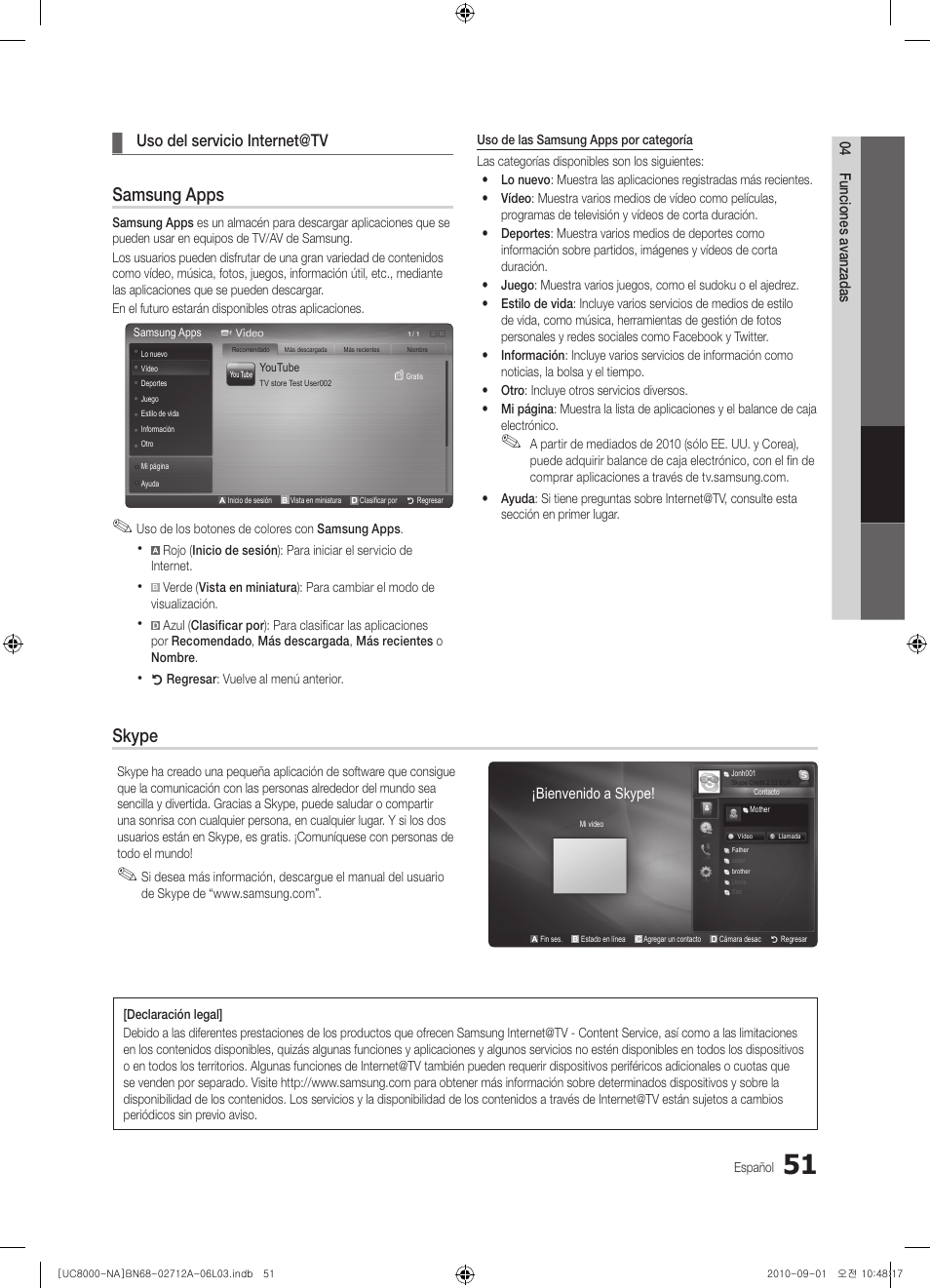 Samsung apps, Skype, Uso del servicio internet@tv | Samsung UN55C8000XFXZA User Manual | Page 117 / 200