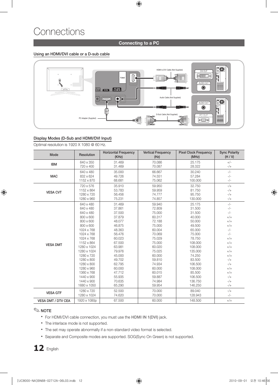 Connecting to a pc, Connections | Samsung UN55C8000XFXZA User Manual | Page 12 / 200