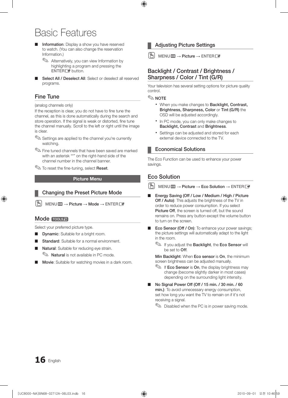 Picture menu, Basic features | Samsung UN55C8000XFXZA User Manual | Page 16 / 200